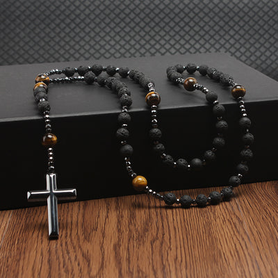 Men's Natural Stone Cross Necklace with Volcanic Rock and Tiger Eyes Beads - Trendfull