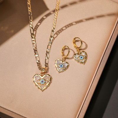 Gold-Plated Heart Pendant Necklace & Earrings Set with Zircon Accents - Trendfull