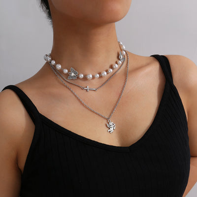 Butterfly Clavicle Chain Pearl Cross Necklace - Trendfull