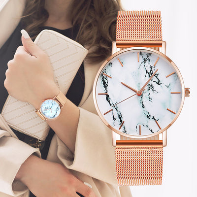 Fashion Rose Gold Mesh Band Creative Marble Female Wrist Watch - Trendfull